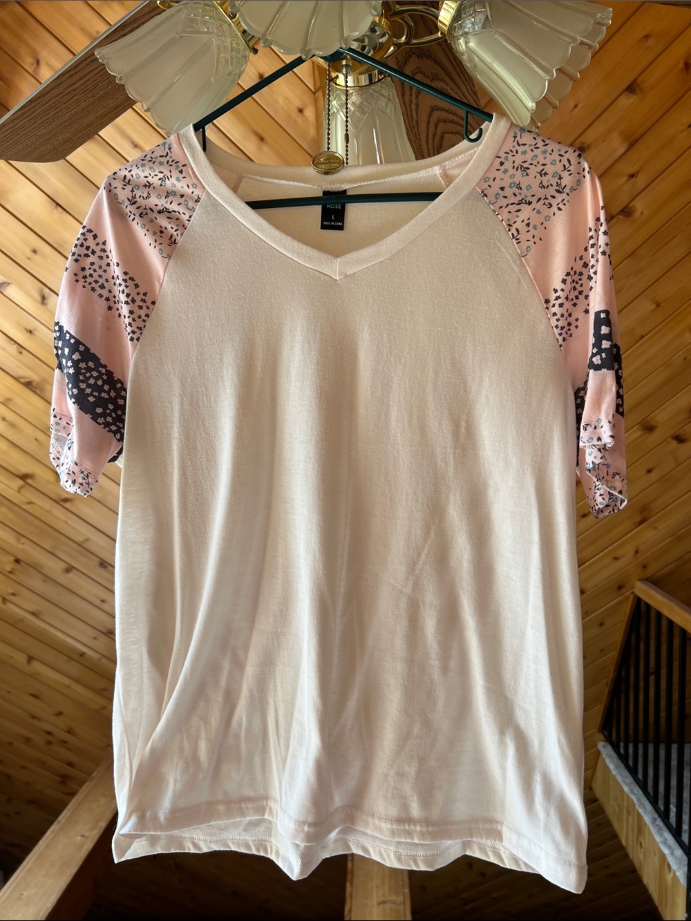 Women’s V-Neck Short Sleeve Tee in Cream with Pink Patterned Sleeves